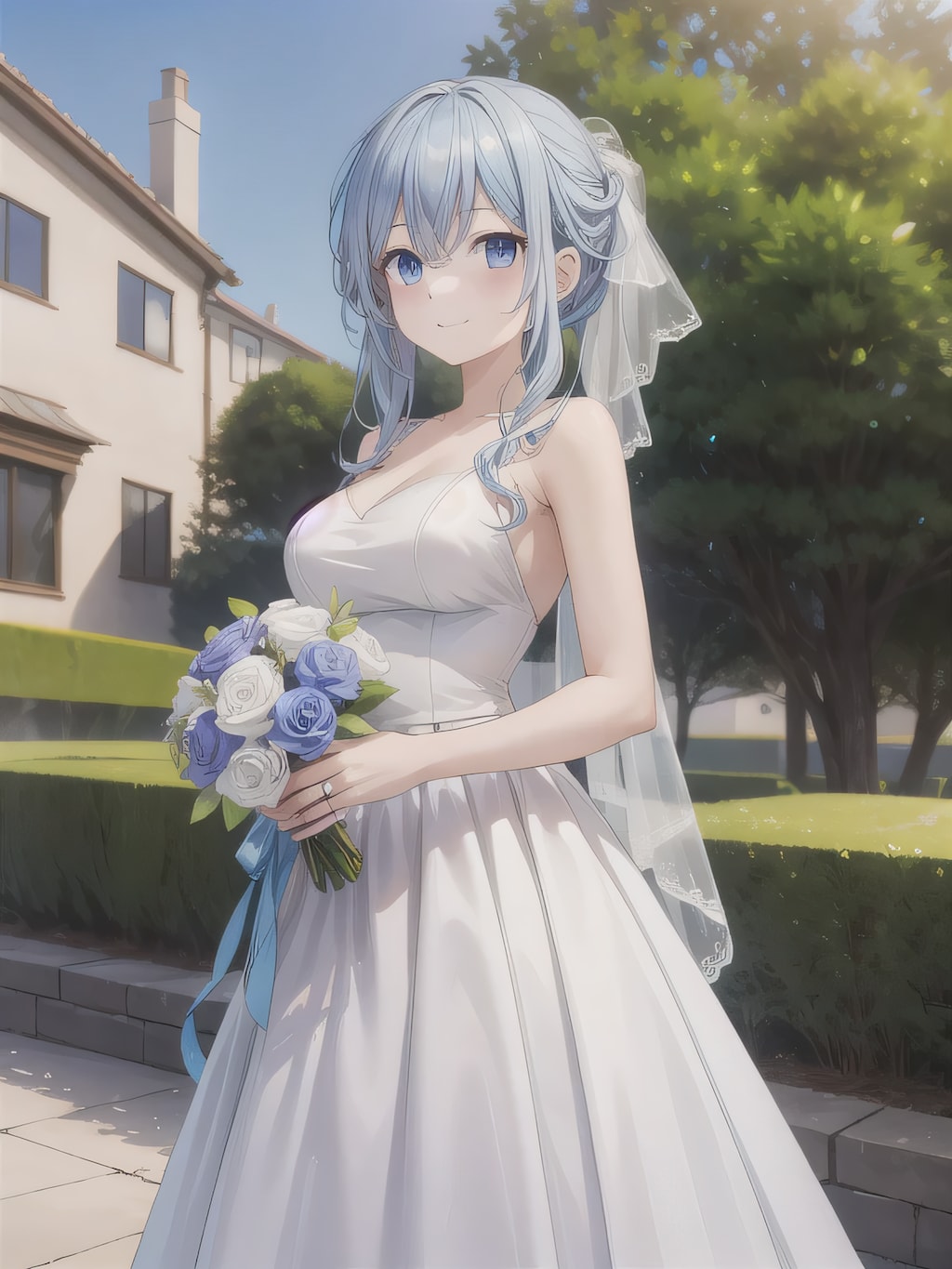 青髪ロングでウェディングドレスの少女