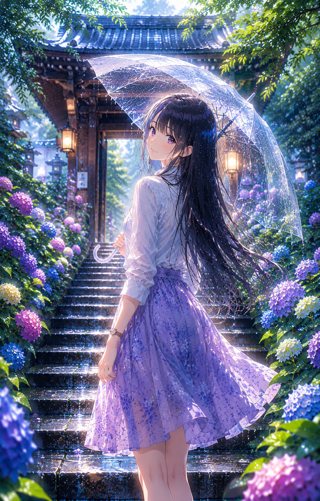 紫陽花寺の石段で