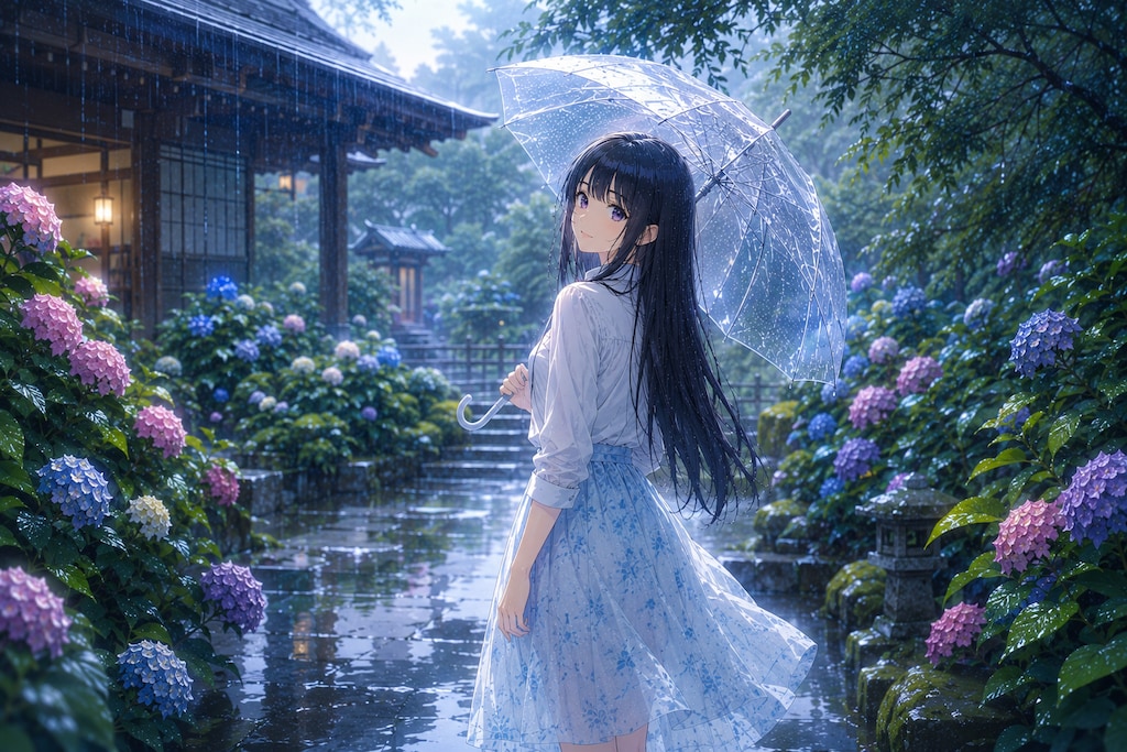 紫陽花寺の石段で