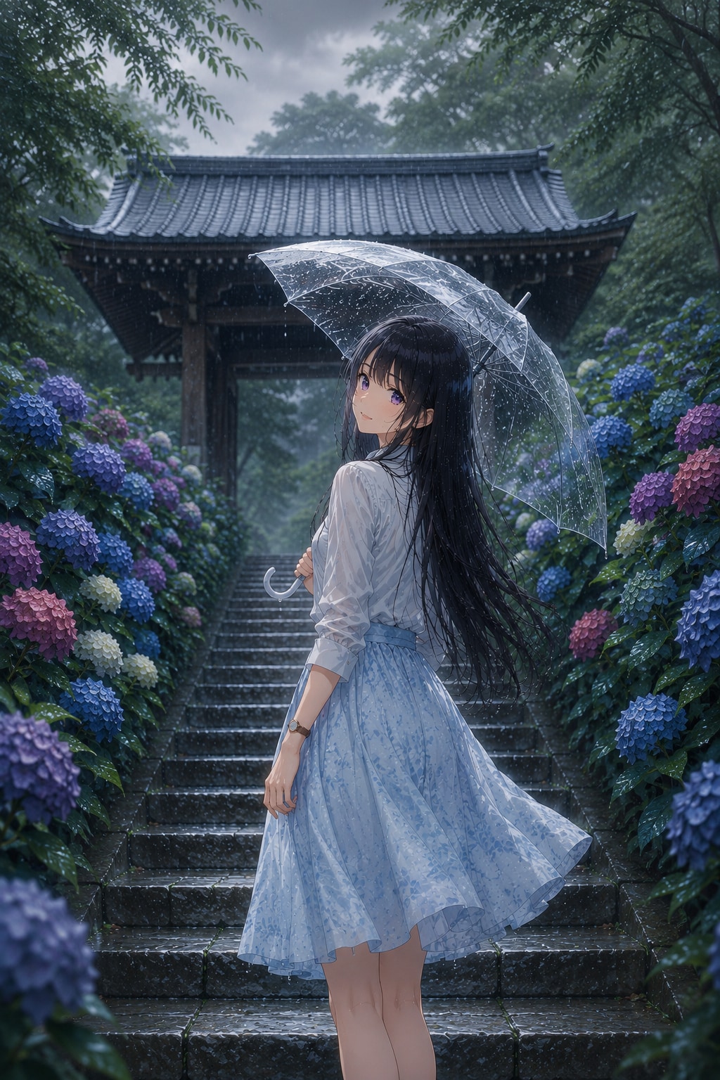 紫陽花寺の石段で