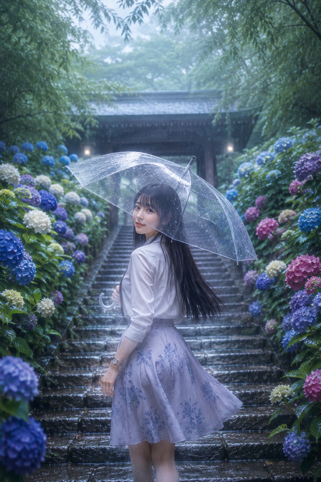 紫陽花寺の石段で