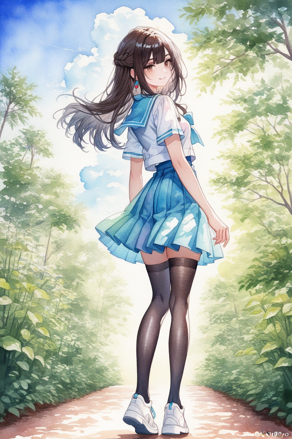 夏服セーラー姫カットのJK（25歳）が振り返る様子