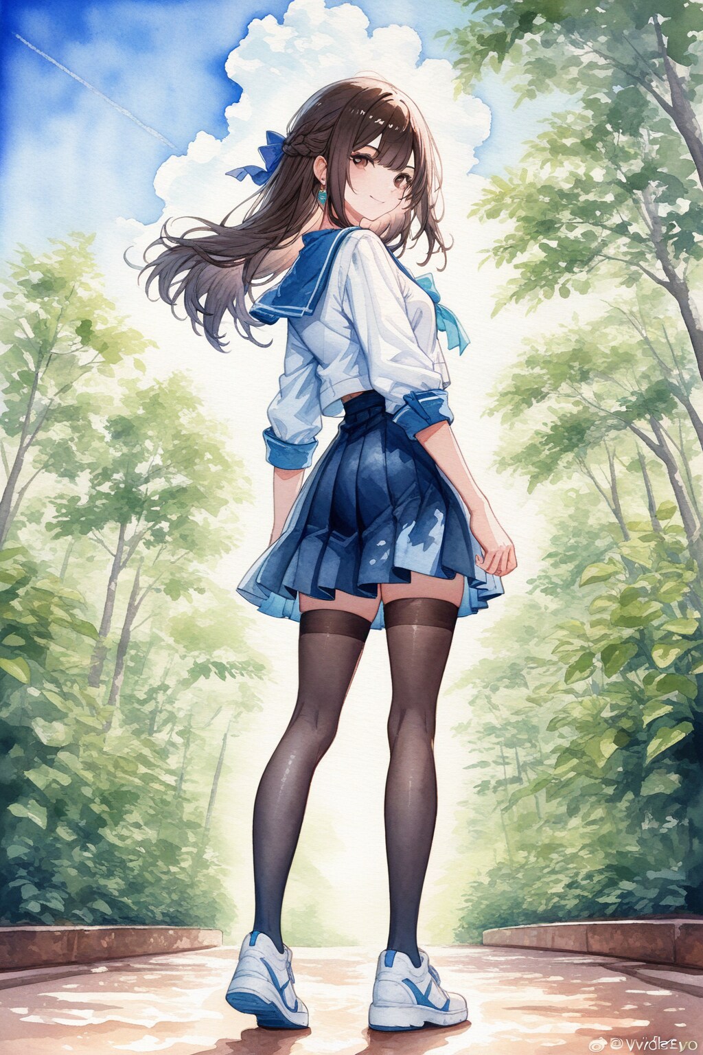 夏服セーラー姫カットのJK（25歳）が振り返る様子