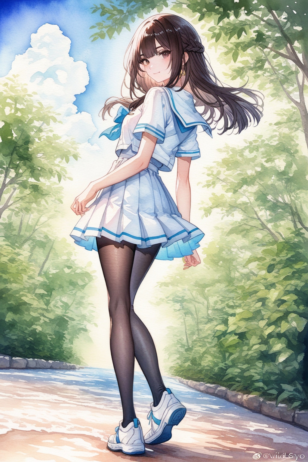 夏服セーラー姫カットのJK（25歳）が振り返る様子