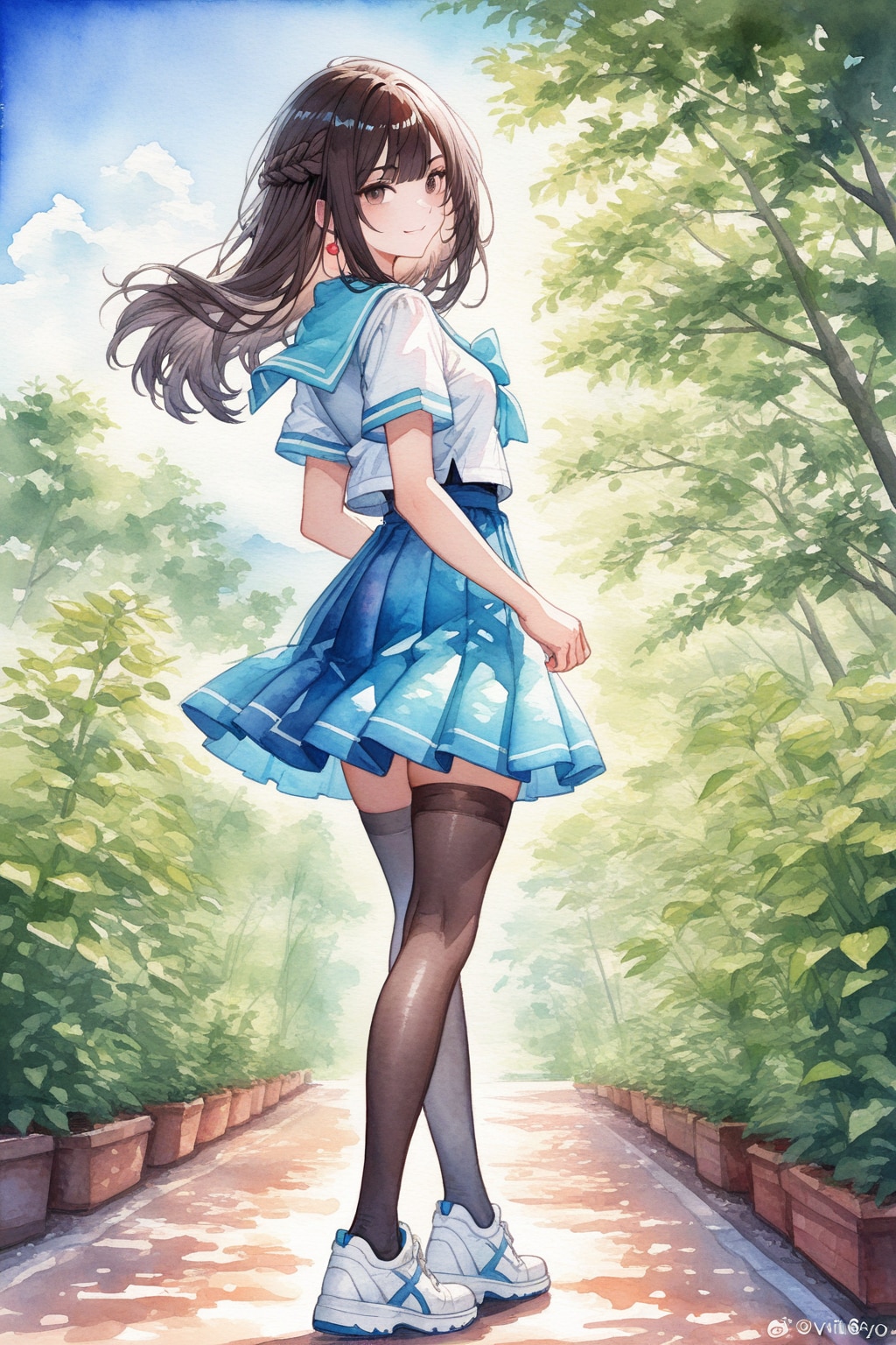 夏服セーラー姫カットのJK（25歳）が振り返る様子