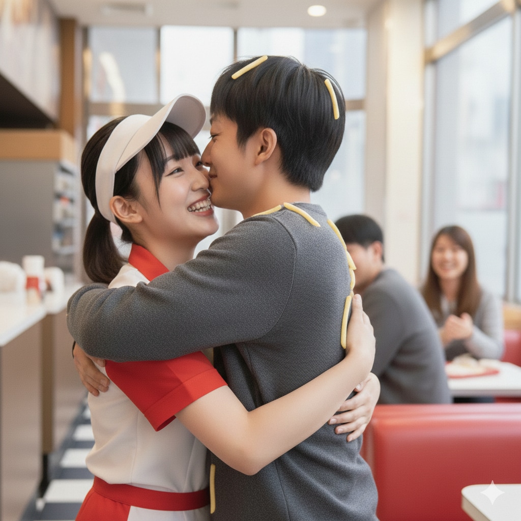ハンバーガーショップの店員さん02：抱きかかえフレンチ・キス編