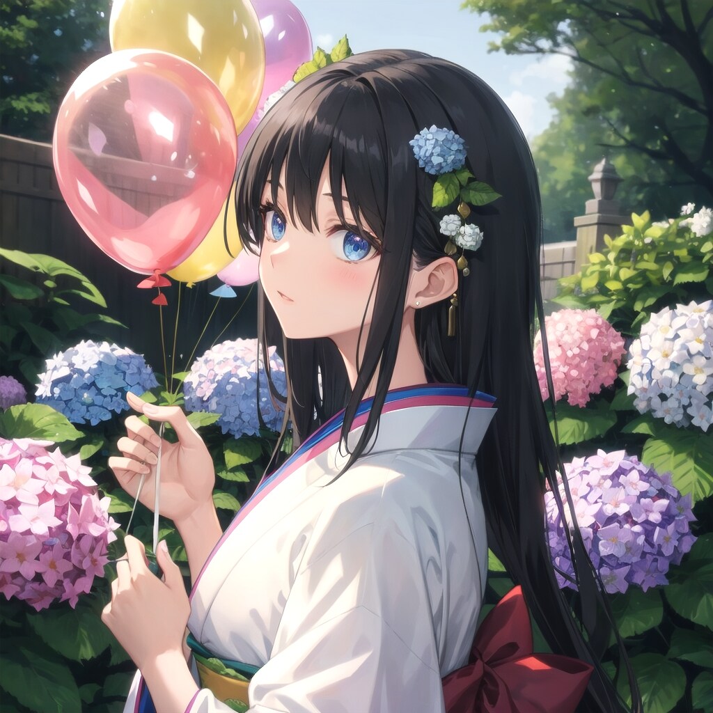 紫陽花咲く庭園でいっぱい色とりどりの風船を持つ黒髪ロングの着物着た美女