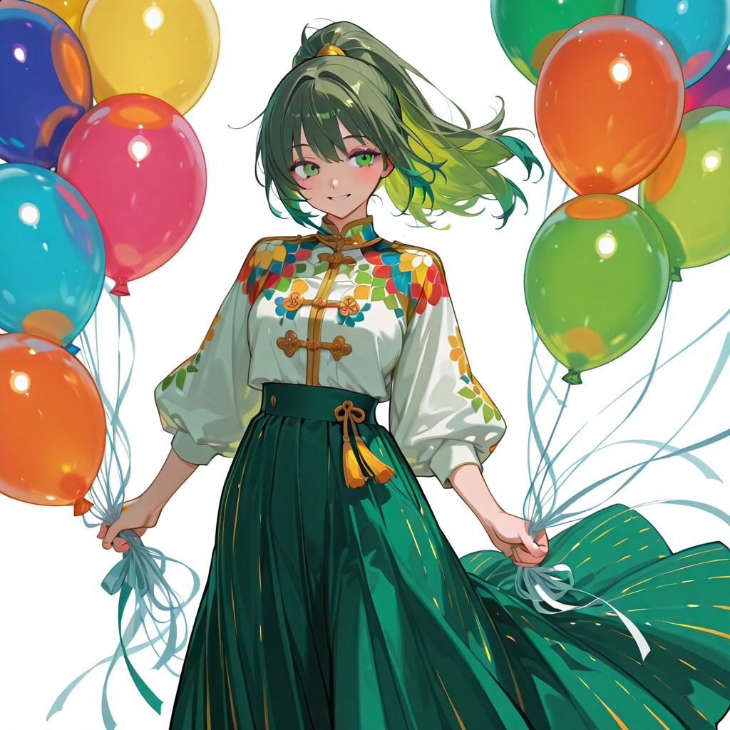 いっぱい色とりどりの風船を持つ緑髪ポニーテールのセーラー服ロングスカートの美少女