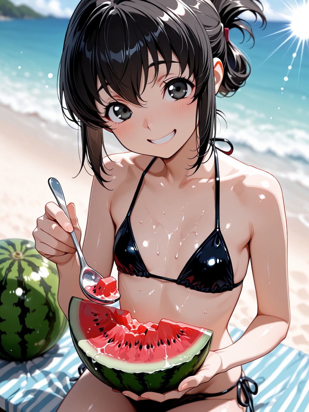 スイカを食べる朋子