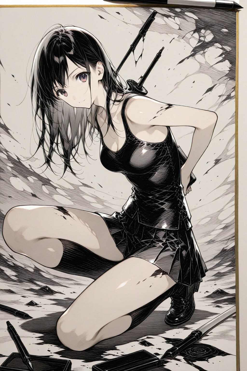 * 墨汁画風の美少女