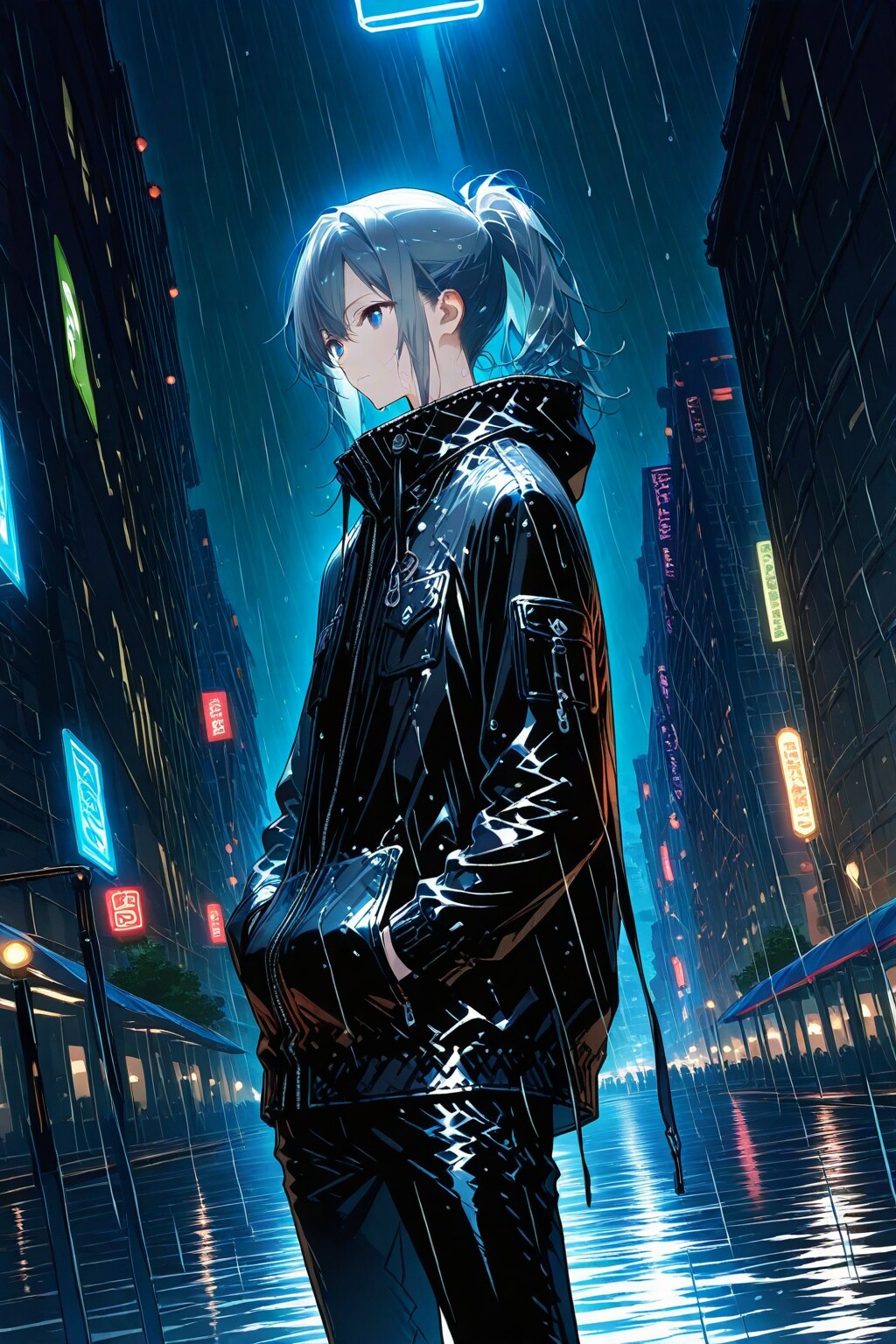 雨に濡れて道ばたに佇む男