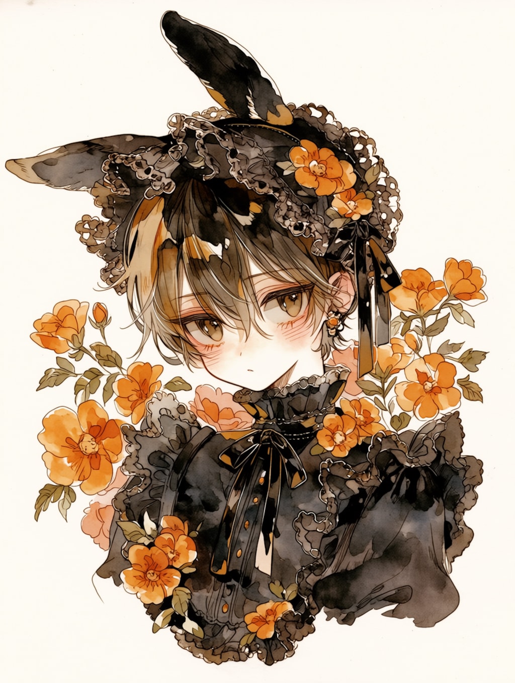 A boy wearing a head dress with bunny ears