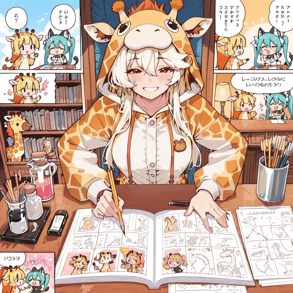 劇画に挑戦するキリン着ぐるみお姉さん
