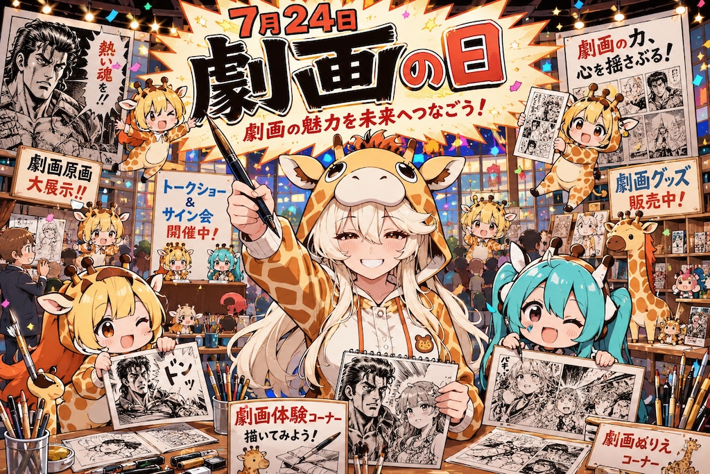 劇画に挑戦するキリン着ぐるみお姉さん