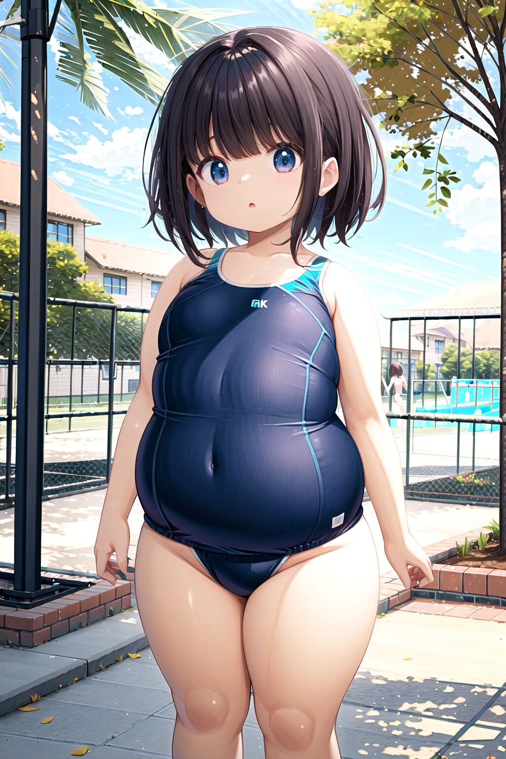 住宅街のプール場でスクール水着姿になっているぽっちゃり女子