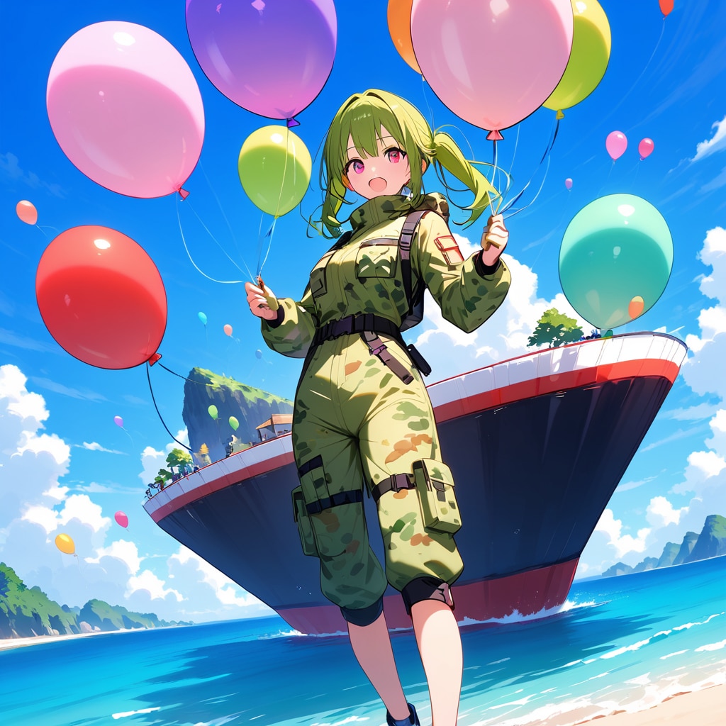 色とりどりの風船を持つ迷彩服の美女。 | の人気AIイラスト・グラビア