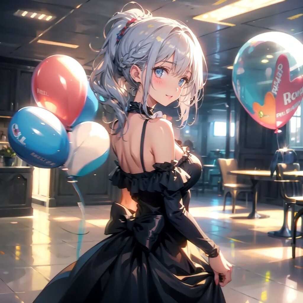 いっぱい色とりどりの風船を持つ銀髪ポニーテールの黒いドレス着た美女
