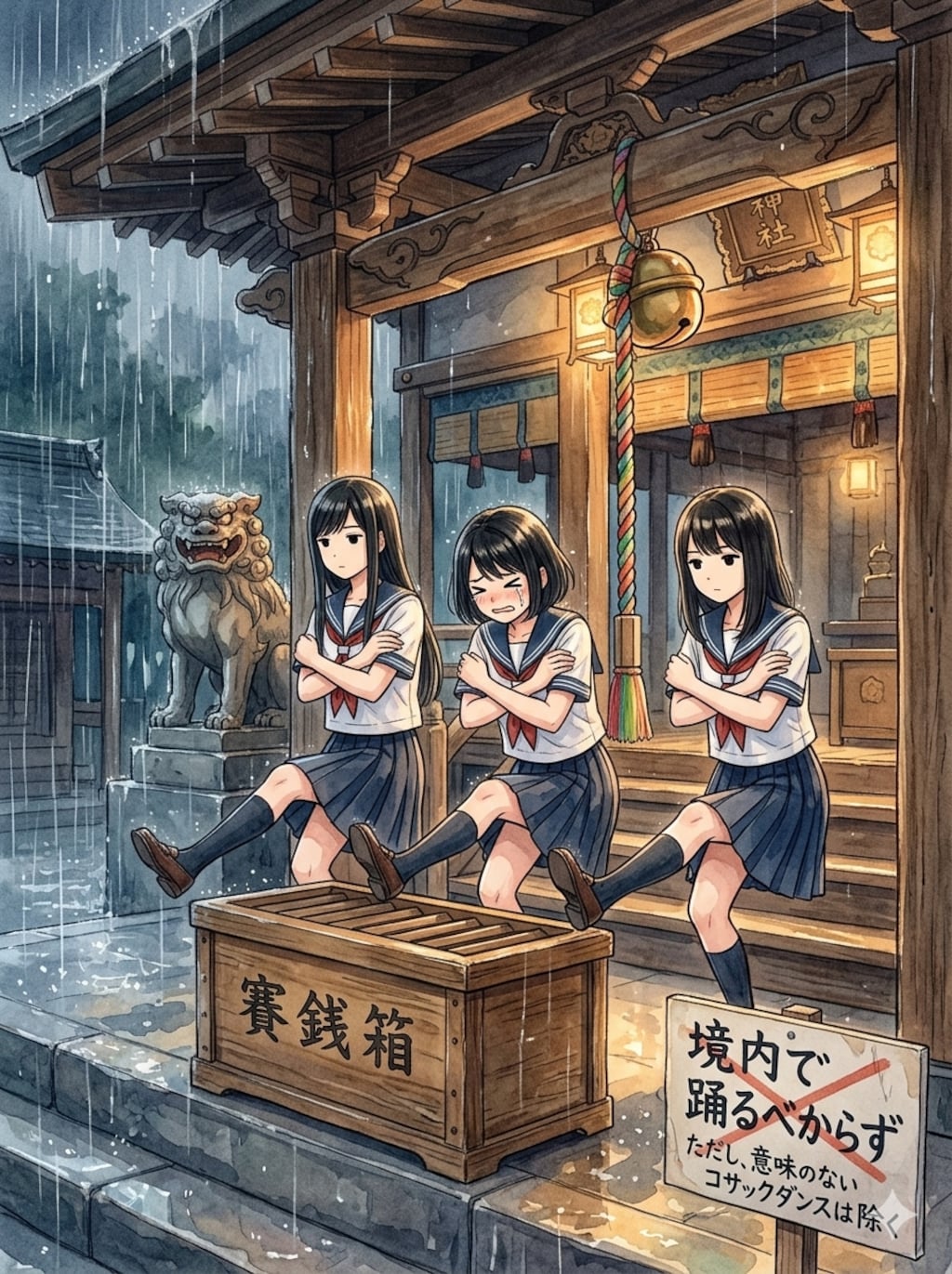 神社での雨宿りと言えば、とりあえずコサックダンスするよね～