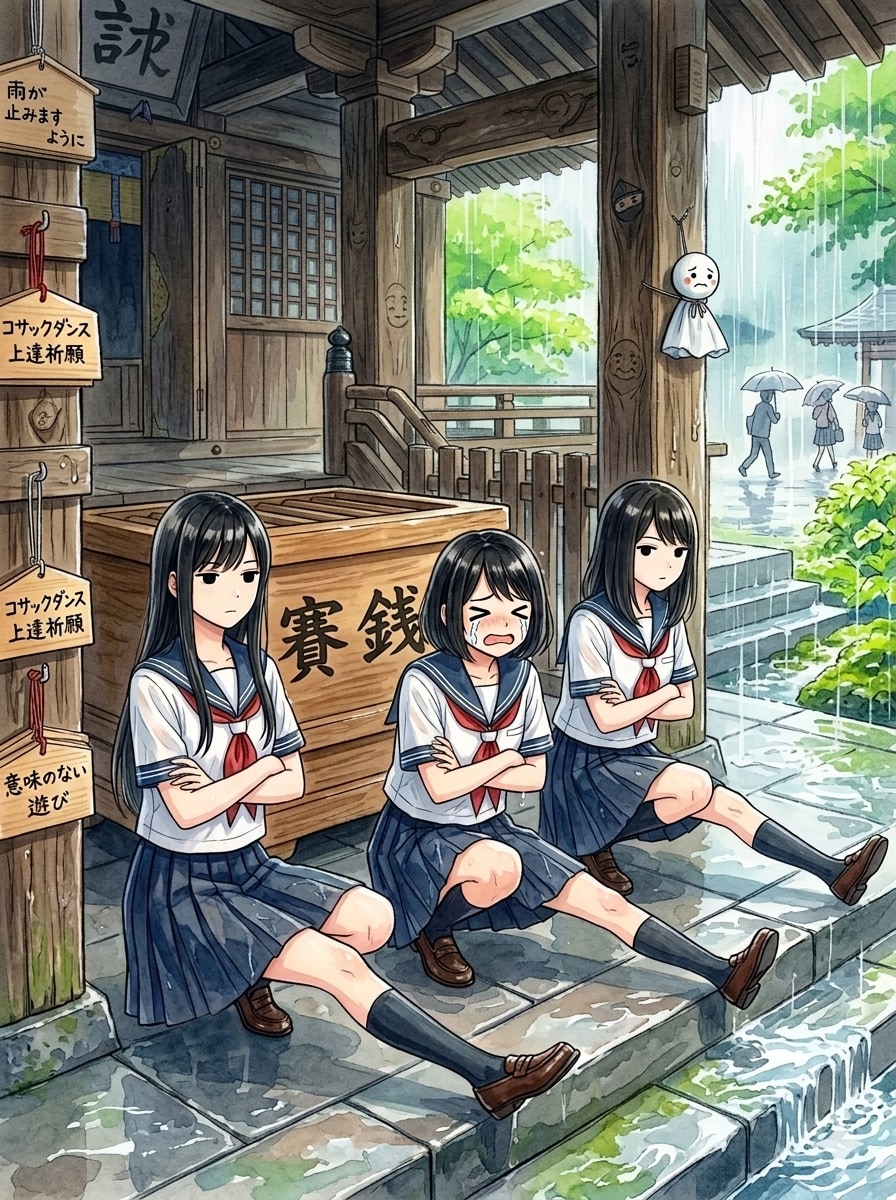 神社での雨宿りと言えば、とりあえずコサックダンスするよね～