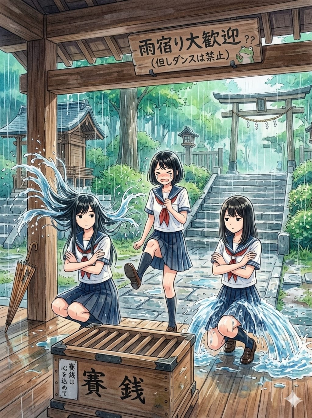 神社での雨宿りと言えば、とりあえずコサックダンスするよね～