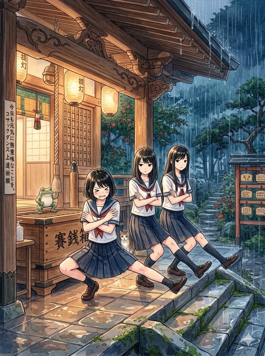 神社での雨宿りと言えば、とりあえずコサックダンスするよね～