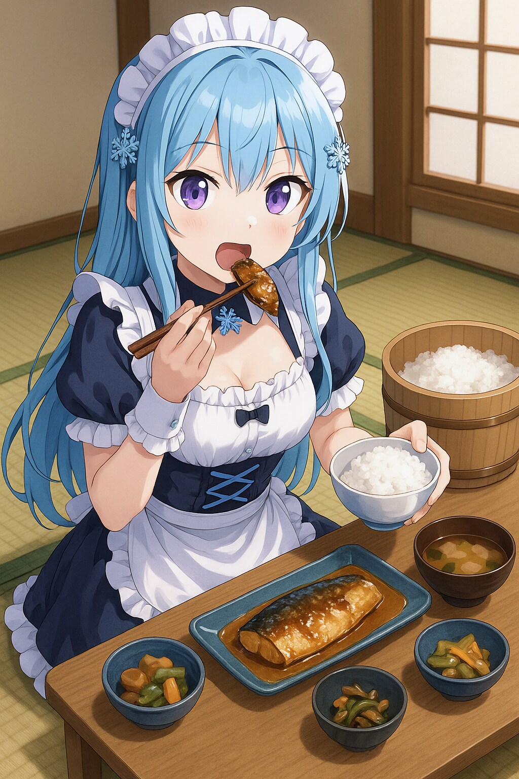 鯖味噌で白いご飯をたくさん食べるスーパーメイドちゃん
