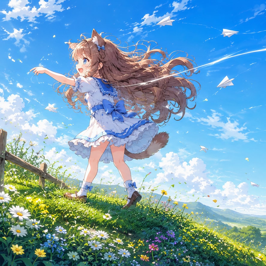 紙ヒコーキを投げる小さな女の子 | の人気AIイラスト・グラビア