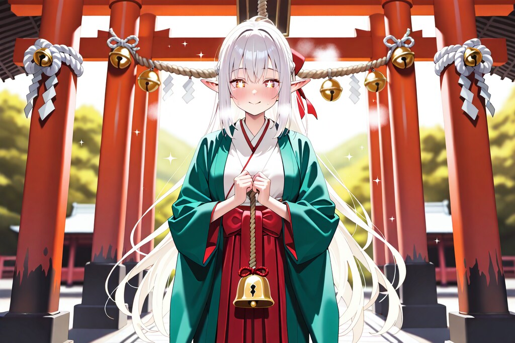 初詣でお参りをするエルフの女の子