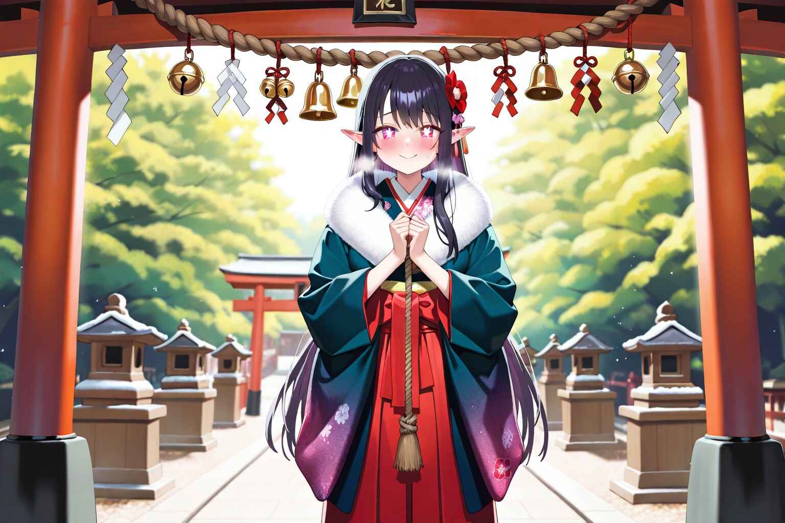 初詣でお参りをするエルフの女の子