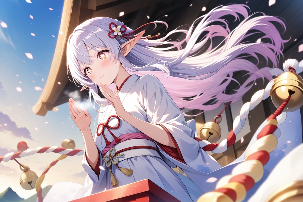 初詣でお参りをするエルフの女の子