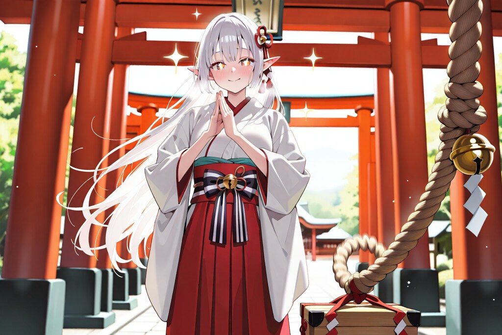 初詣でお参りをするエルフの女の子