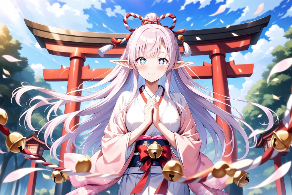 初詣でお参りをするエルフの女の子