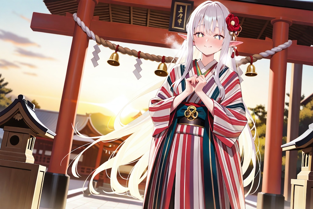 初詣でお参りをするエルフの女の子