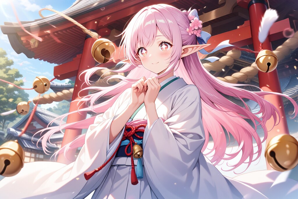 初詣でお参りをするエルフの女の子