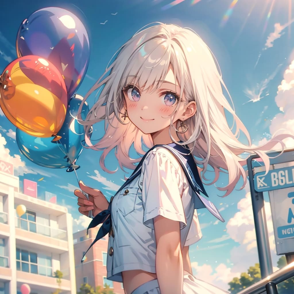 色とりどりの風船を持つ白い髪ロングのセーラー服着た美少女
