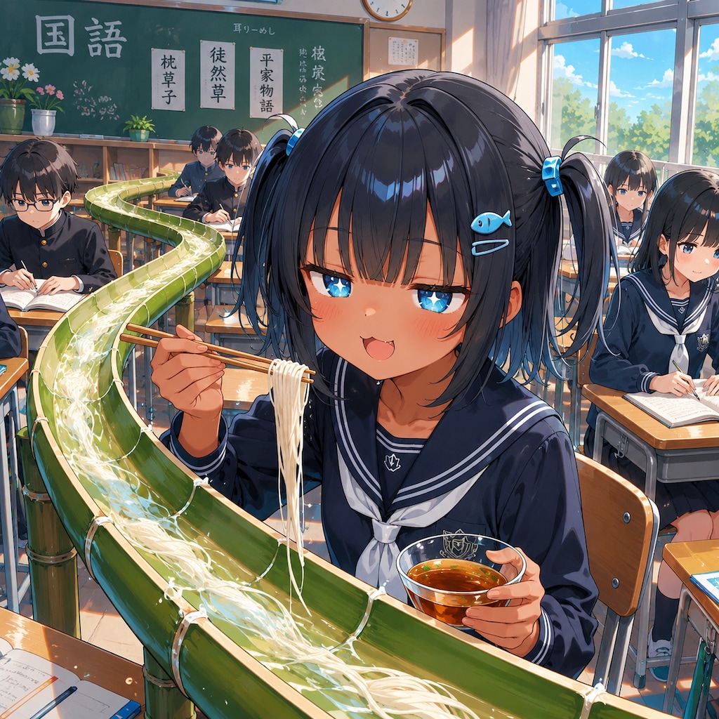 流しそうめんをするこなつちゃん