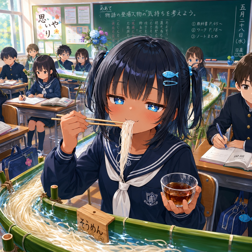 流しそうめんをするこなつちゃん