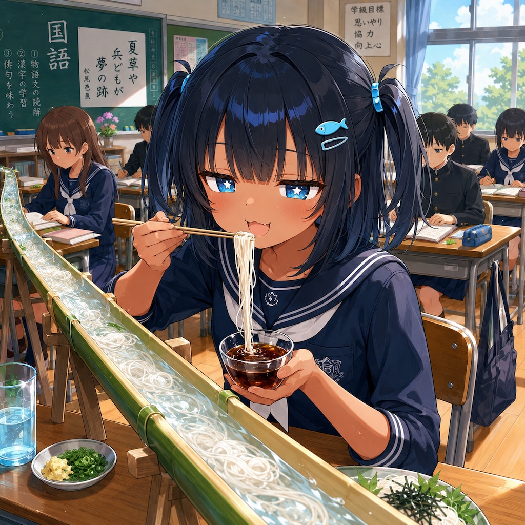 流しそうめんをするこなつちゃん