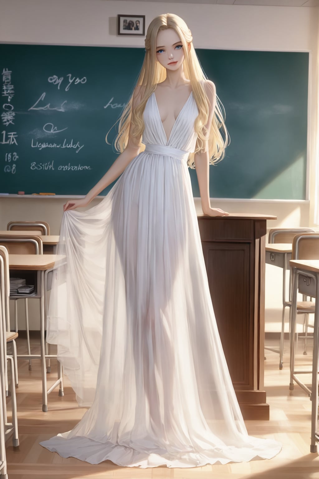 薄地のドレスで英語を教えるブロンドさん | の人気AIイラスト・グラビア