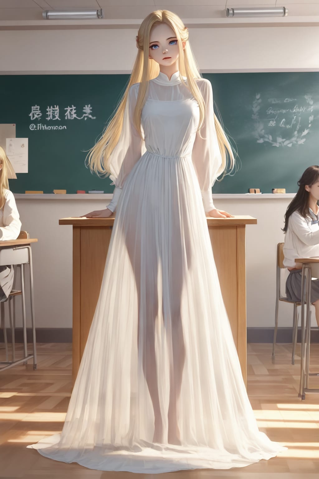 薄地のドレスで英語を教えるブロンドさん