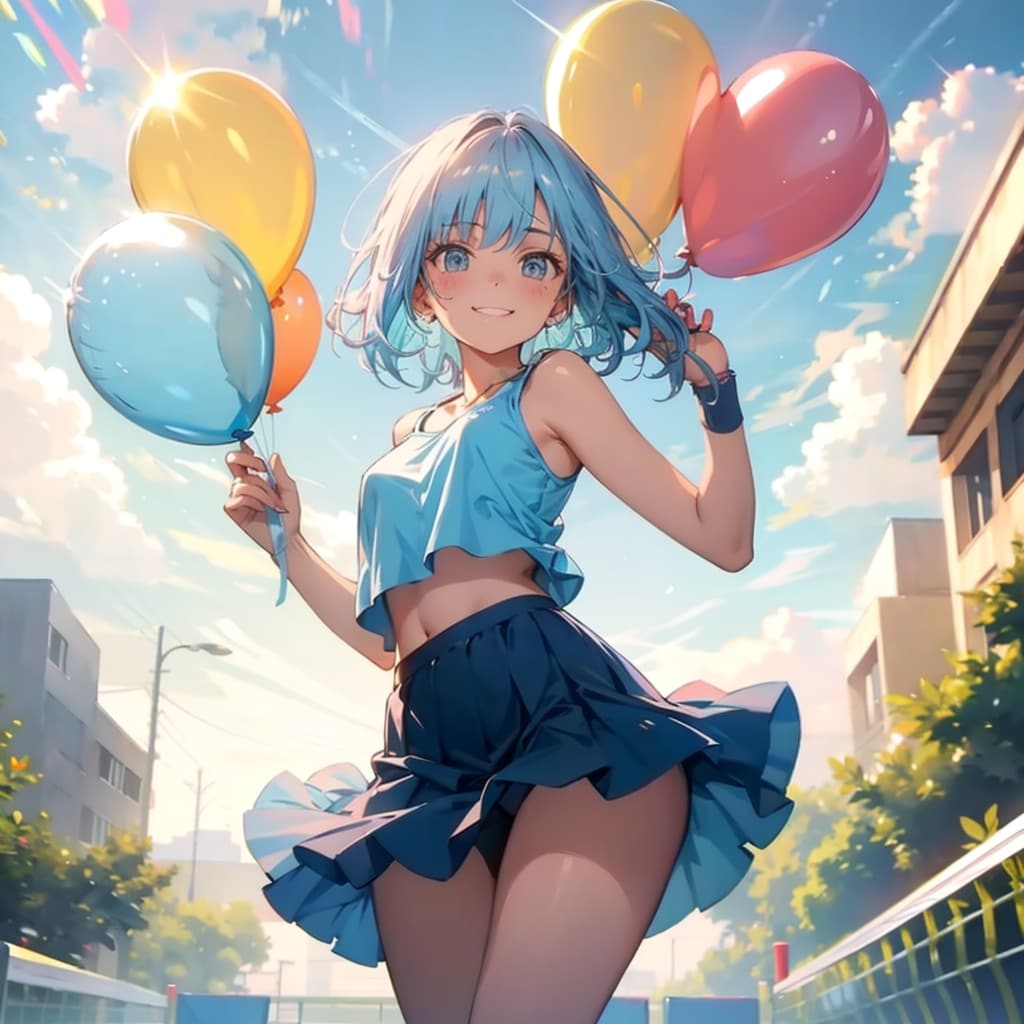 いっぱい色とりどりの風船を持つ水色髪ロングのテニスウェア着た美女 | の人気AIイラスト・グラビア