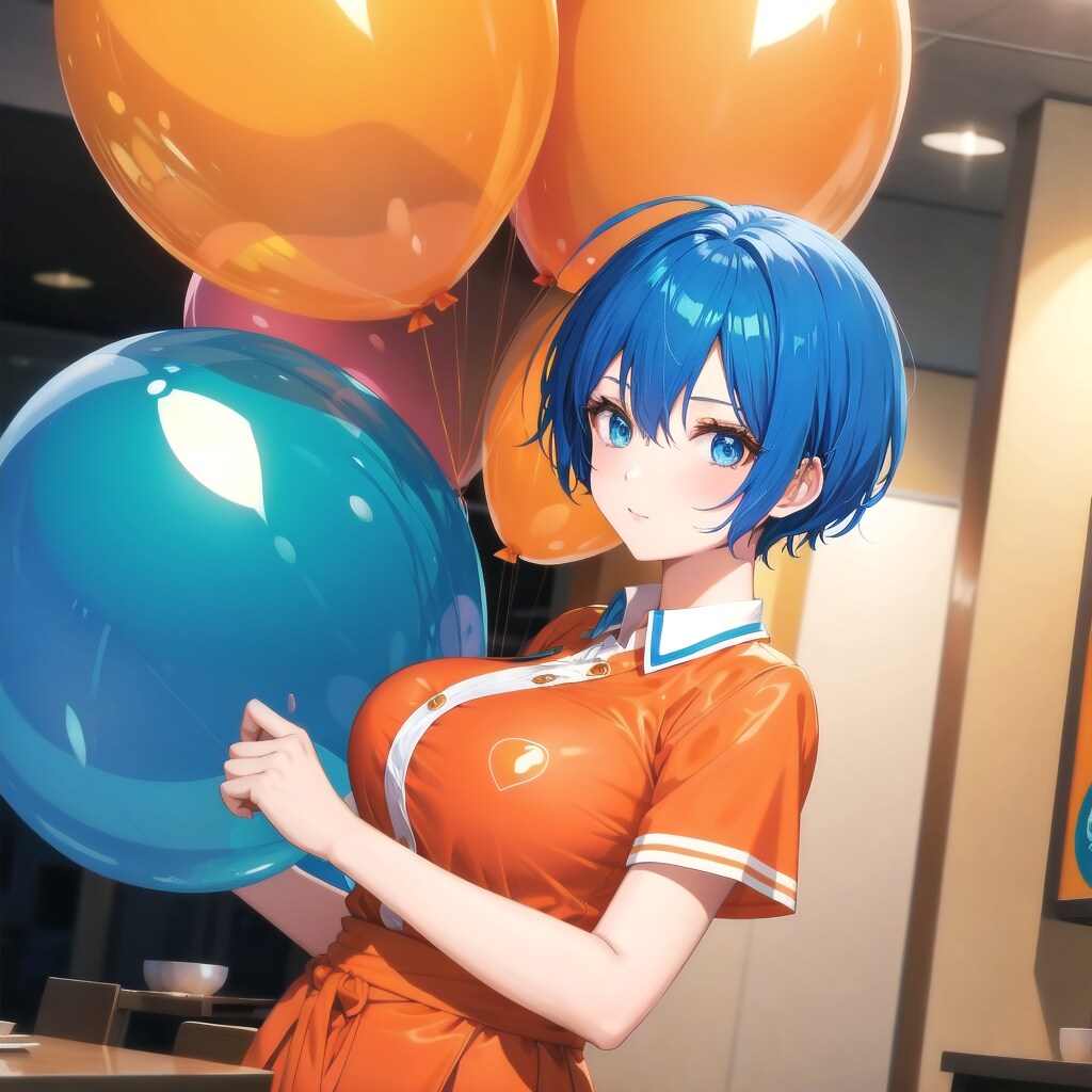 色とりどりの巨大風船を持つ青い髪ショートカットのオレンジ色の制服着たレストランの美女 | の人気AIイラスト・グラビア