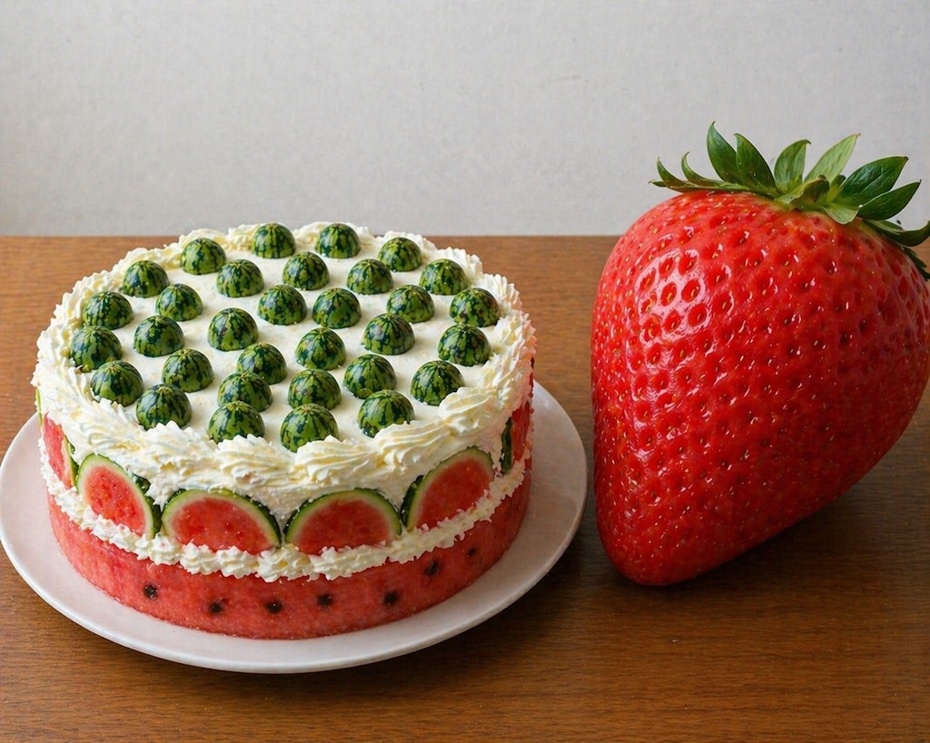 いちごサイズのスイカのケーキとスイカサイズのいちご