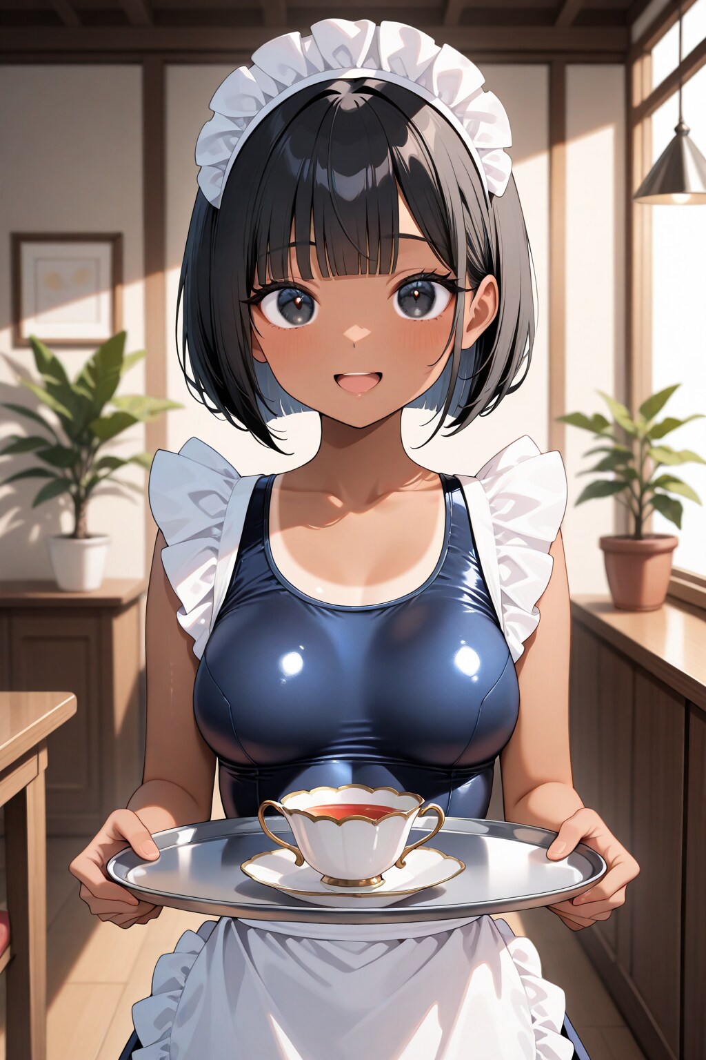 モール内カフェでバイト中の日焼け跡娘ちゃん