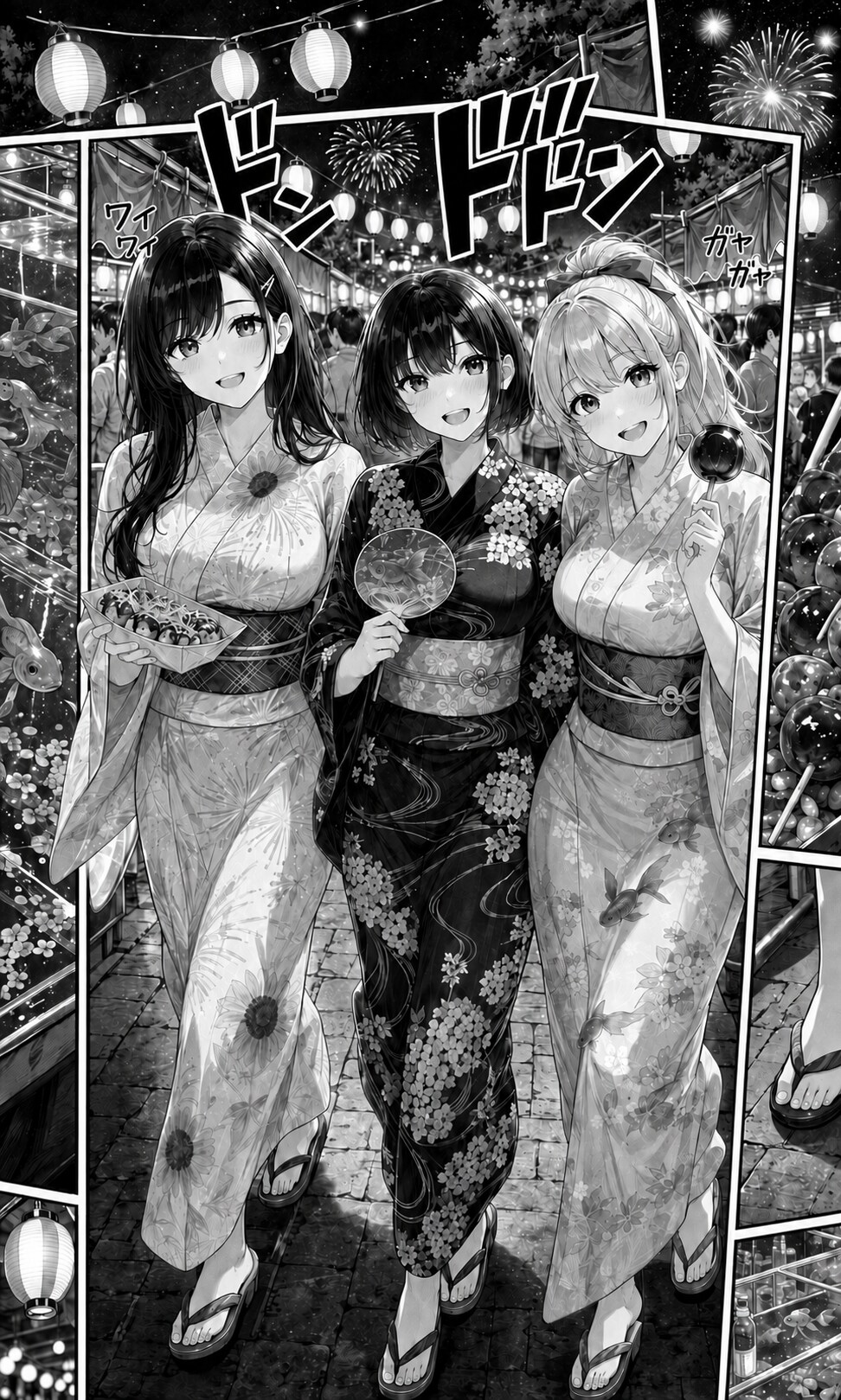 漫画版「浴衣の３人娘」 | の人気AIイラスト・グラビア