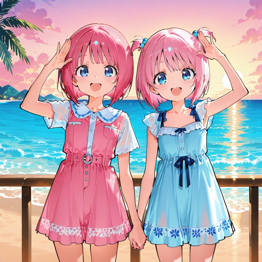 夕暮れの海辺で記念撮影♪ | の人気AIイラスト・グラビア