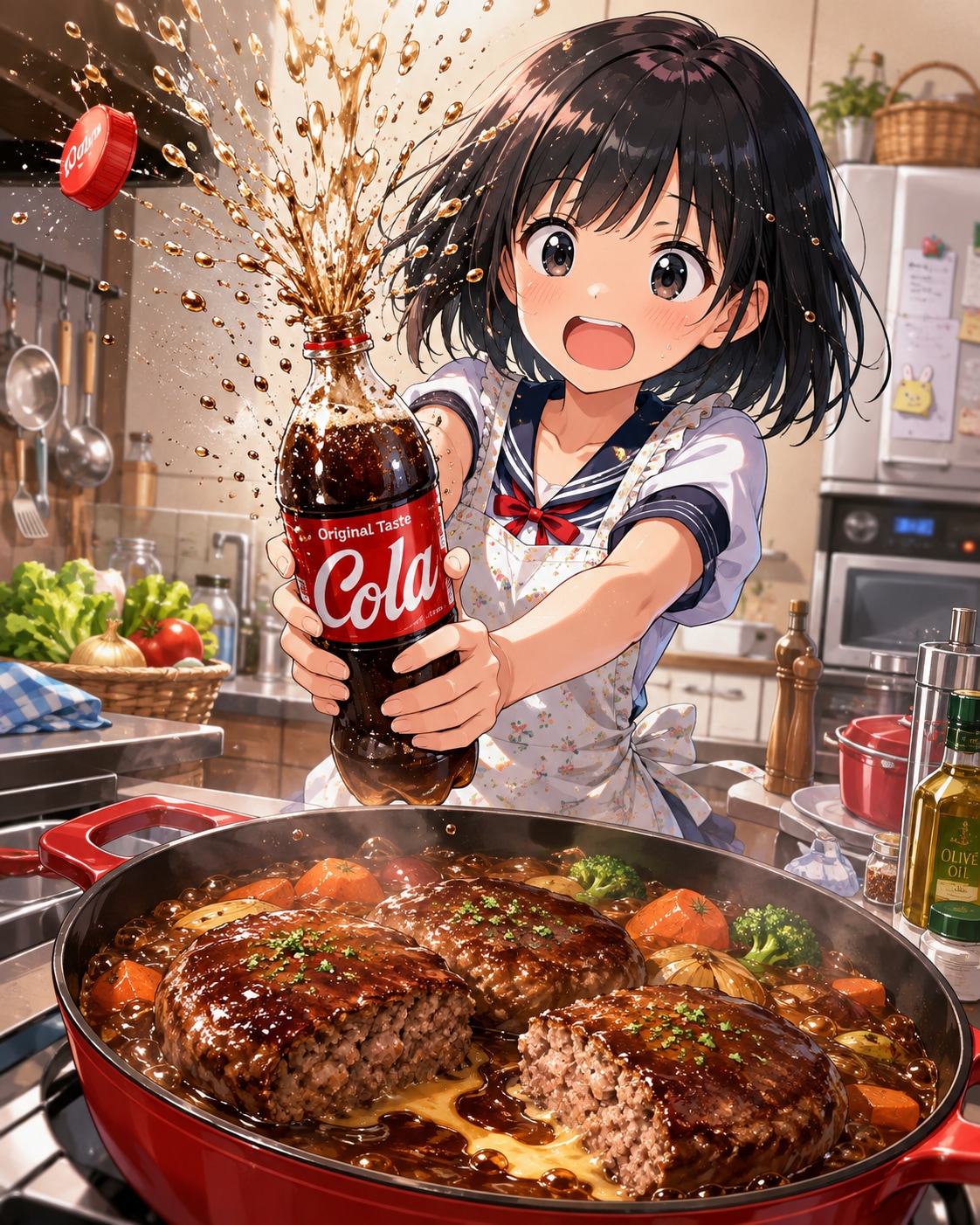 コーラの煮込みハンバーグを調理中の女の子