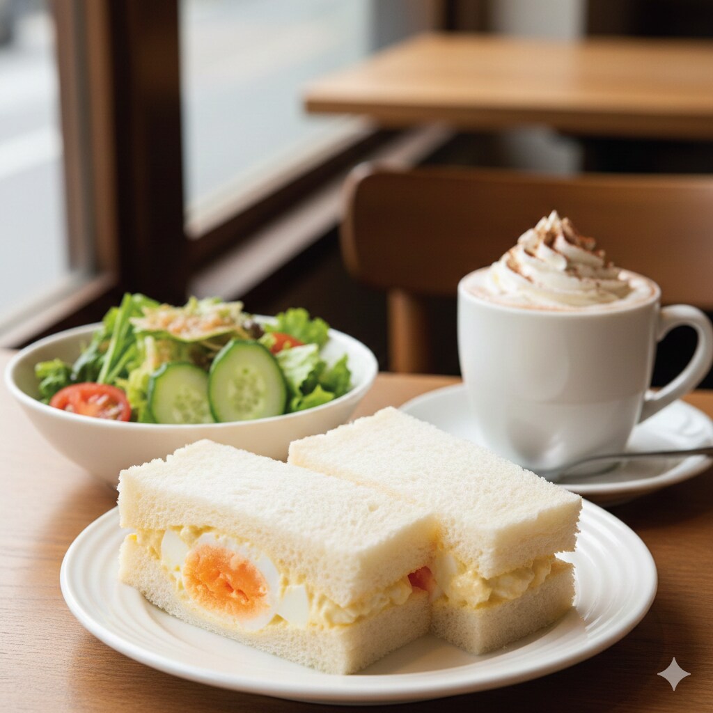 【朝食】卵サンドイッチ、サラダ、ココア