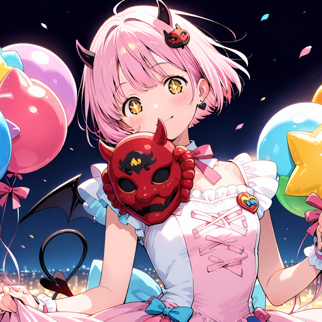色とりどりの風船を持つピンク髪ショートカットの鬼の面持った美女。 | の人気AIイラスト・グラビア