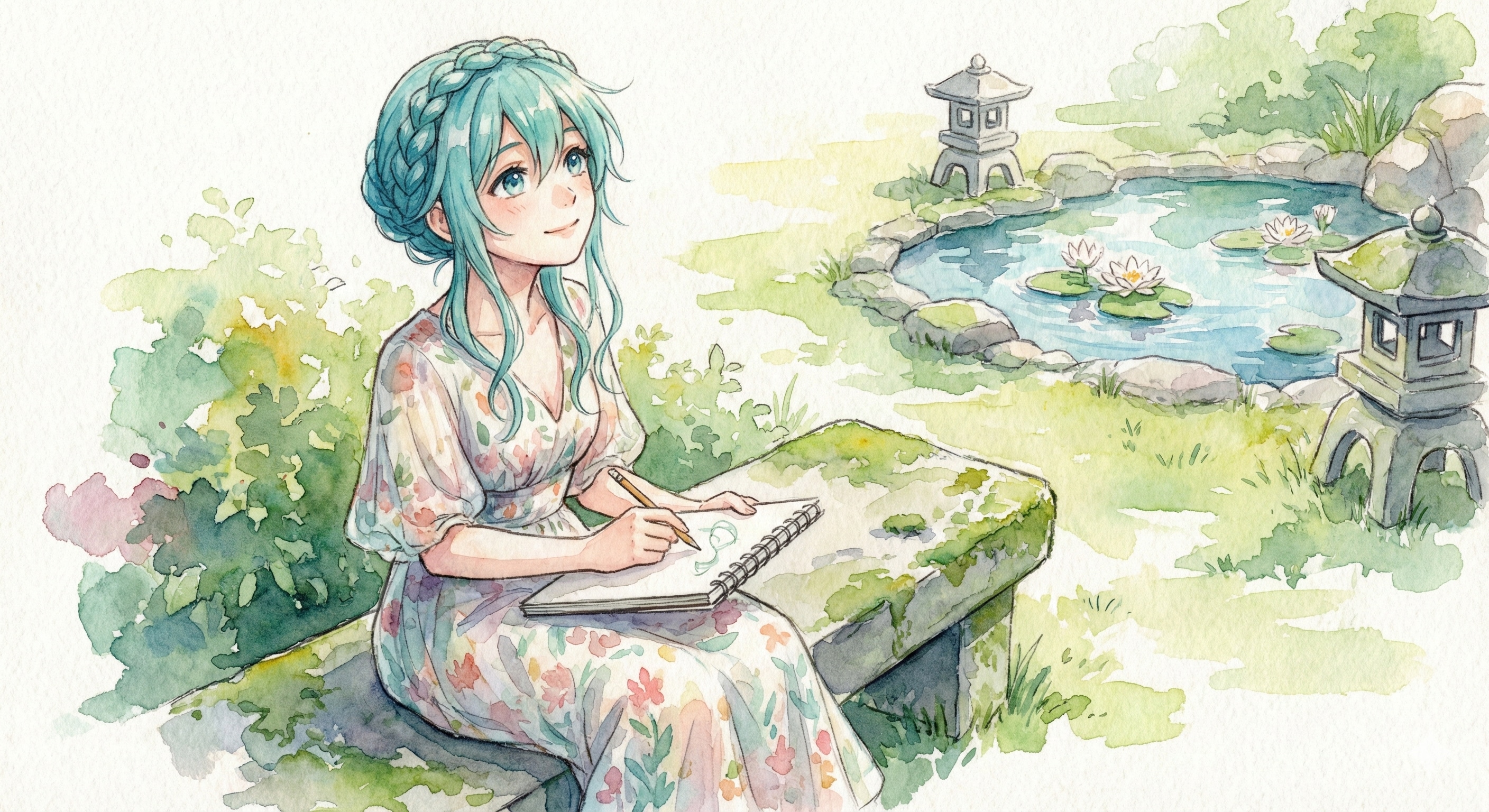 水彩画ミクさん　睡蓮の咲く池のほとりで | の人気AIイラスト・グラビア